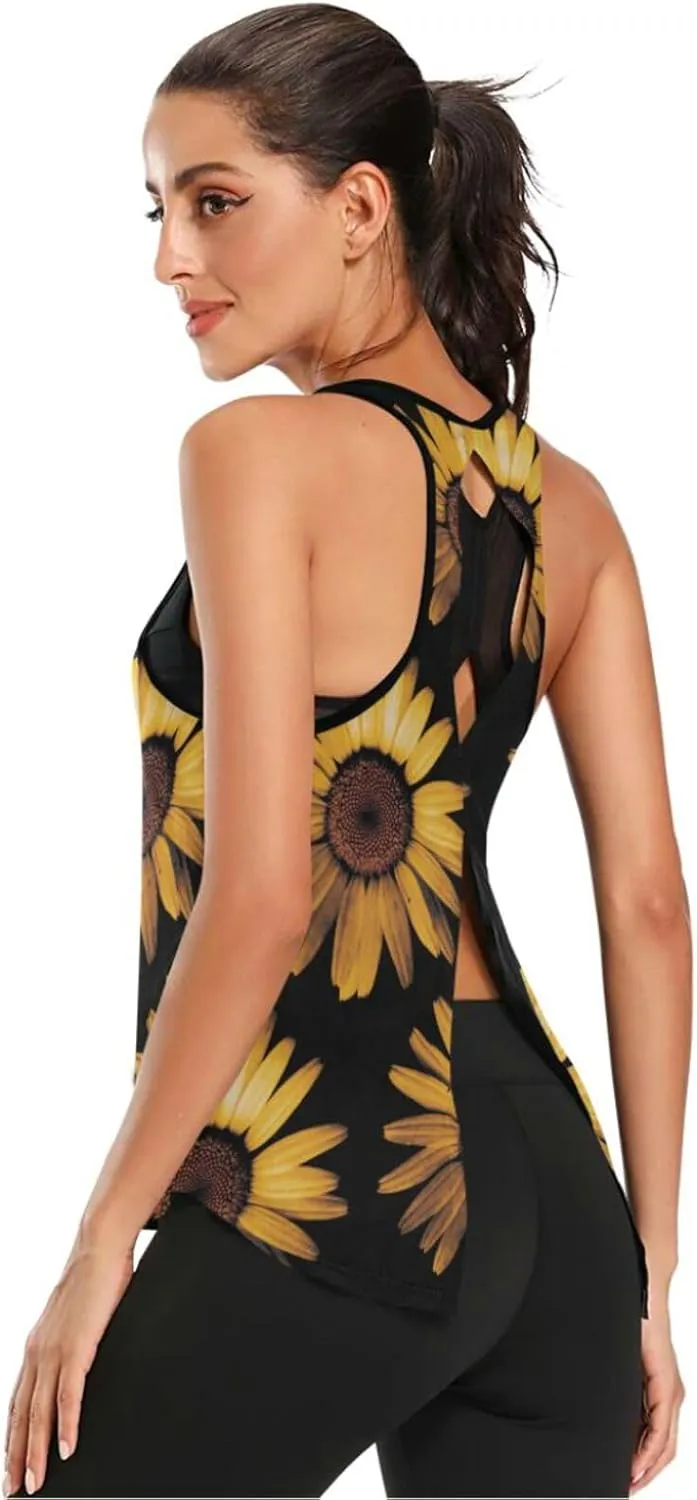 Women's Workout Tank Top Honey-Sunflower-Flower Sleeveless Sport Gym Top Athletic Yoga Tank Top