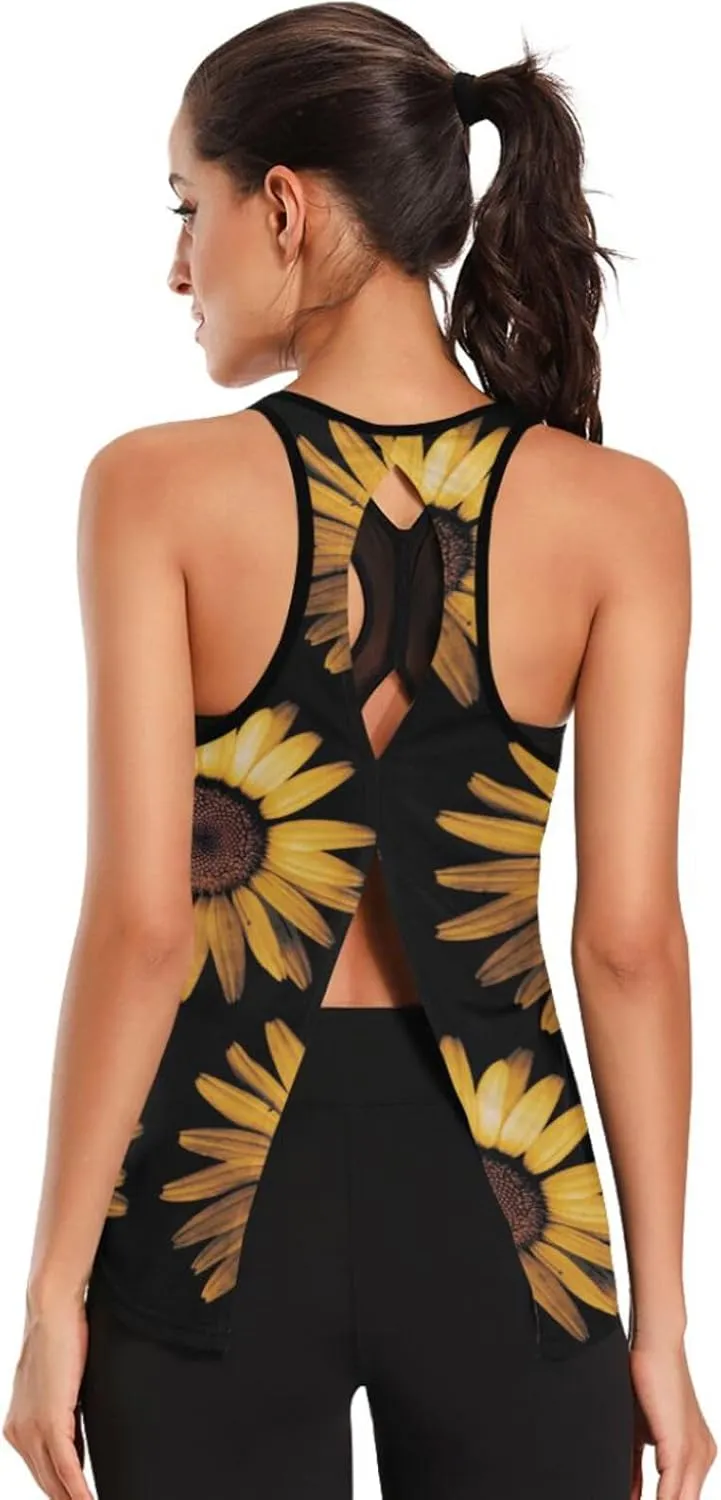 Women's Workout Tank Top Honey-Sunflower-Flower Sleeveless Sport Gym Top Athletic Yoga Tank Top