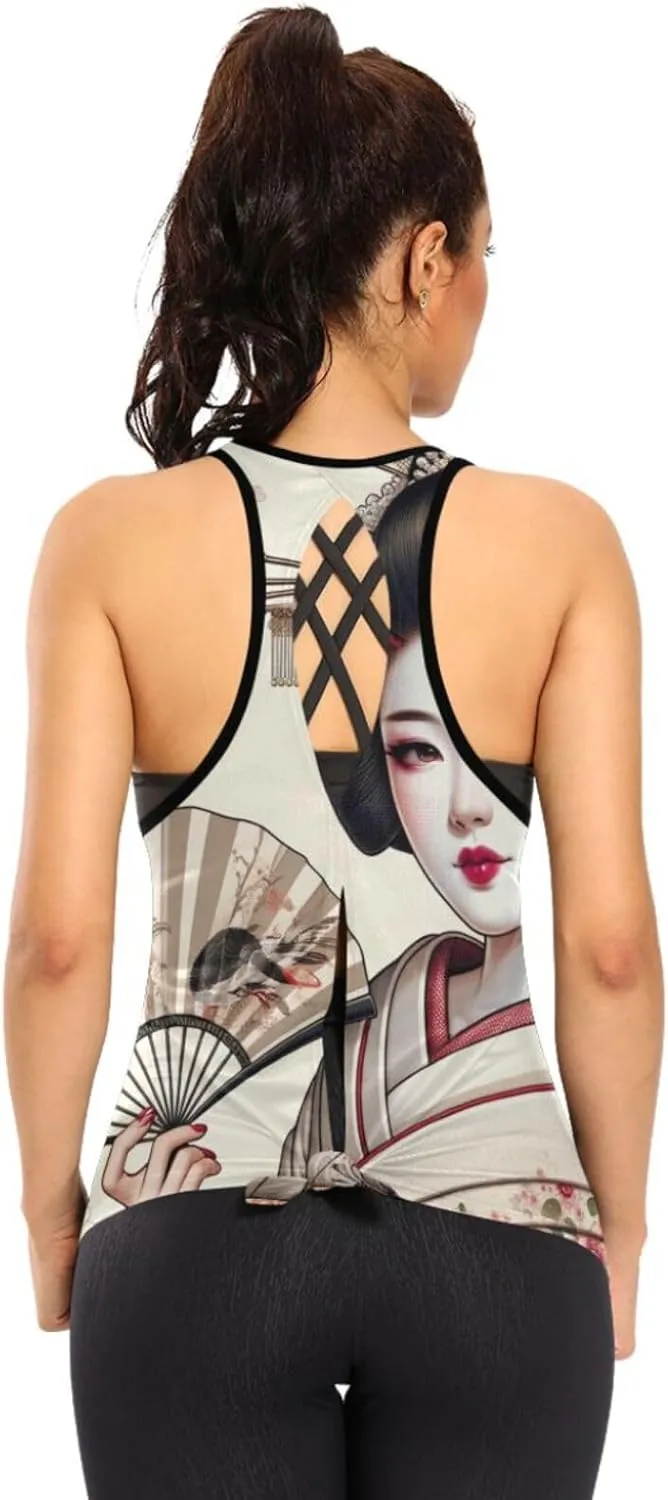 Women's Workout Tank Top Japanese-Geisha Sleeveless Sport Gym Top Athletic Yoga Tank Top
