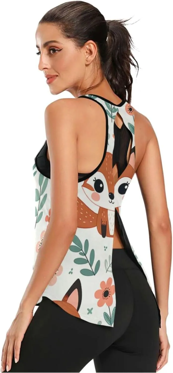 Women's Workout Tank Top Kawaii-Floral-Fox Sleeveless Sport Gym Top Athletic Yoga Tank Top