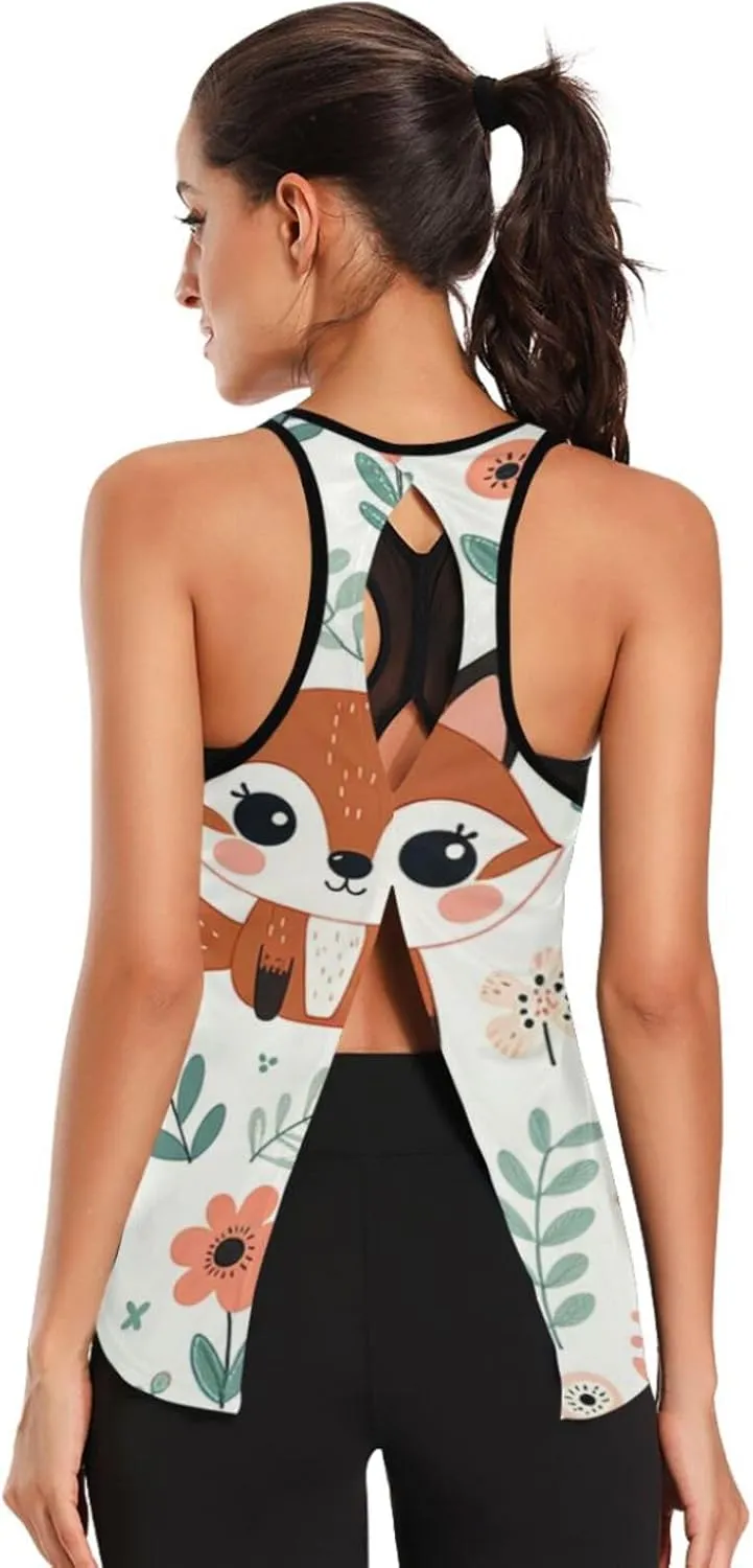 Women's Workout Tank Top Kawaii-Floral-Fox Sleeveless Sport Gym Top Athletic Yoga Tank Top