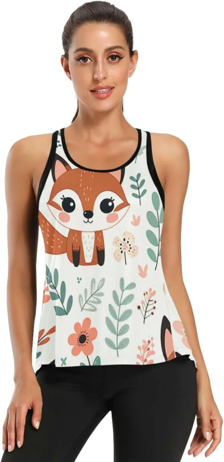 Women's Workout Tank Top Kawaii-Floral-Fox Sleeveless Sport Gym Top Athletic Yoga Tank Top
