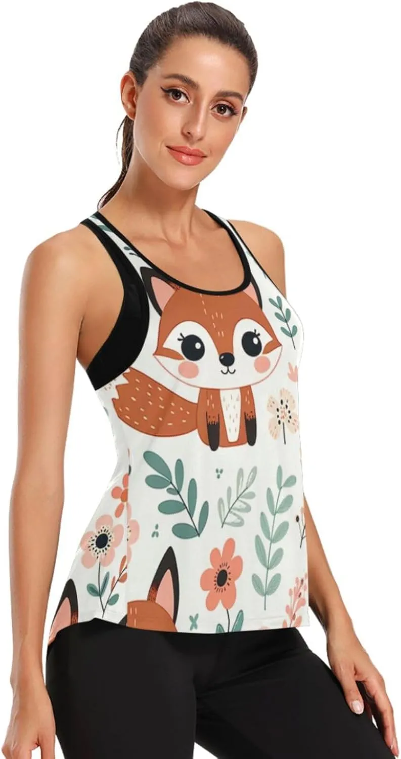Women's Workout Tank Top Kawaii-Floral-Fox Sleeveless Sport Gym Top Athletic Yoga Tank Top