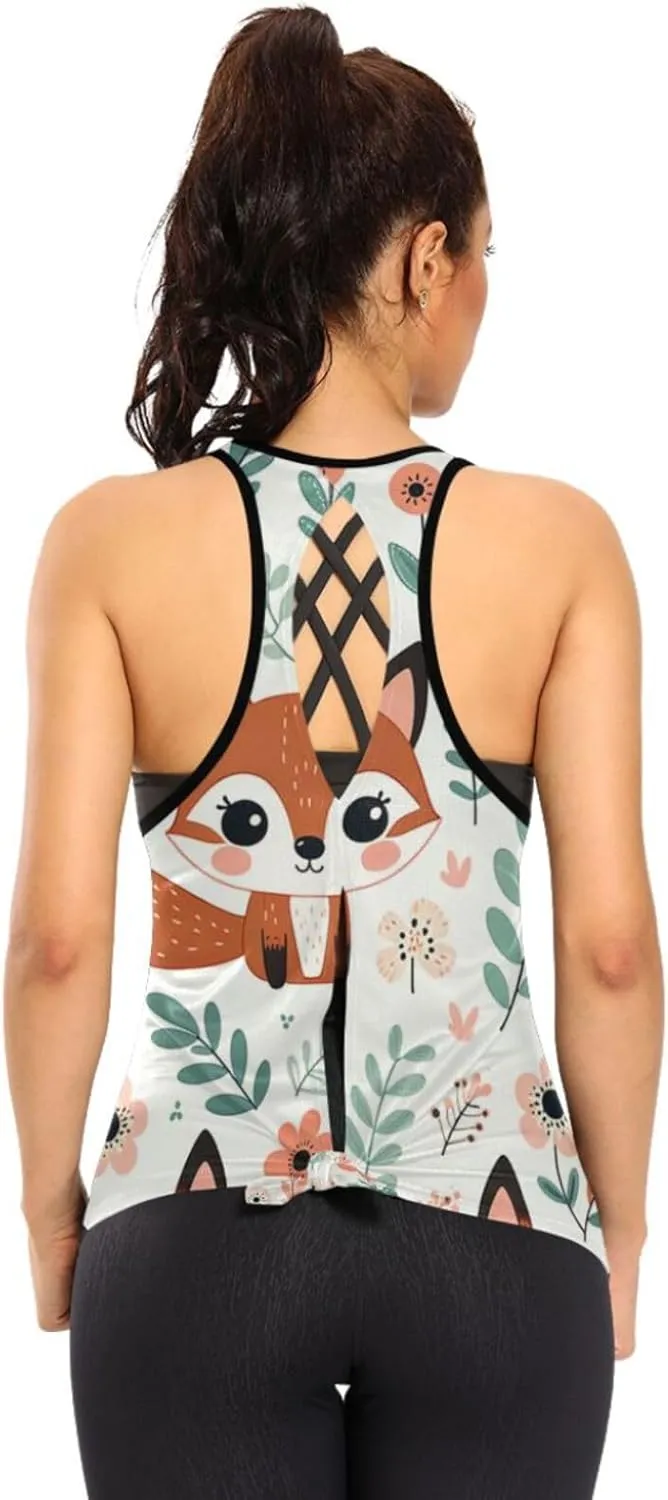 Women's Workout Tank Top Kawaii-Floral-Fox Sleeveless Sport Gym Top Athletic Yoga Tank Top