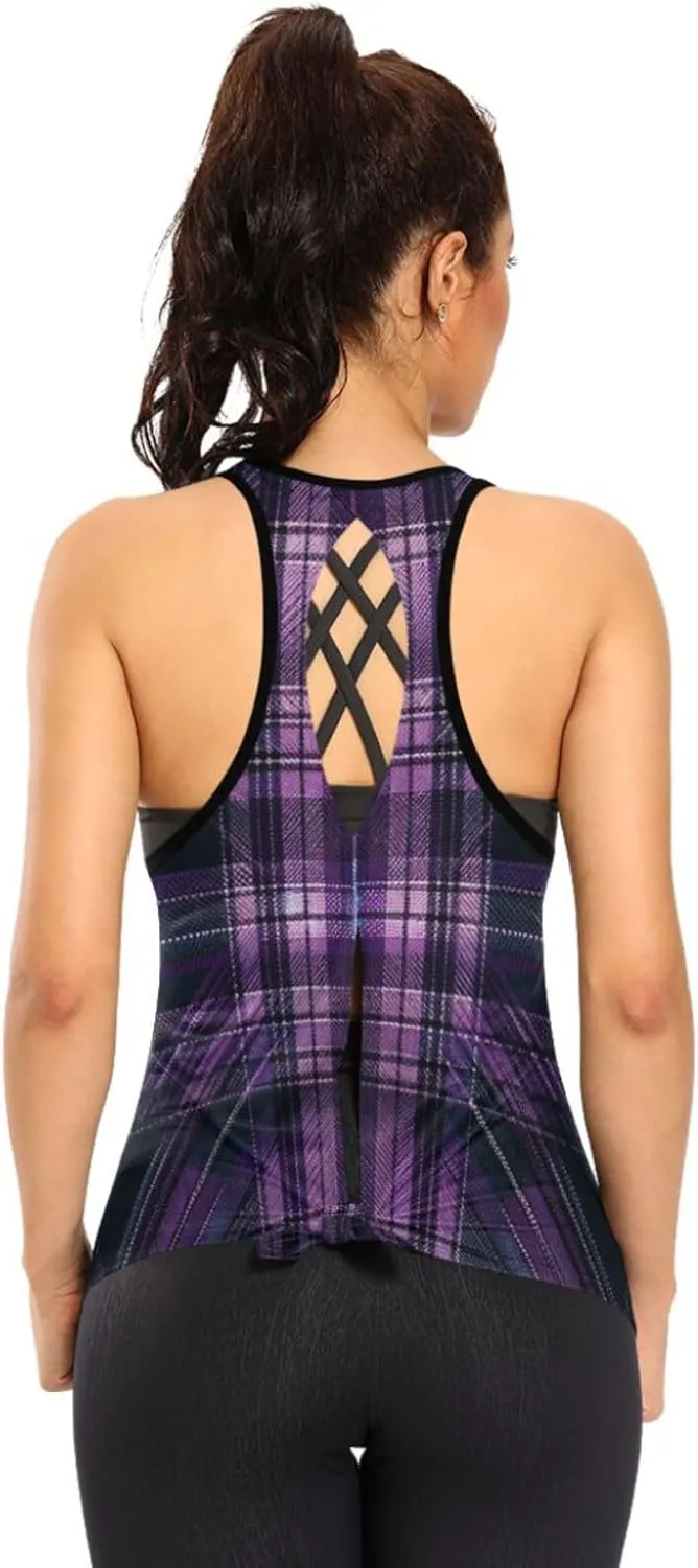 Women's Workout Tank Top Purple-Tartan Sleeveless Sport Gym Top Athletic Yoga Tank Top