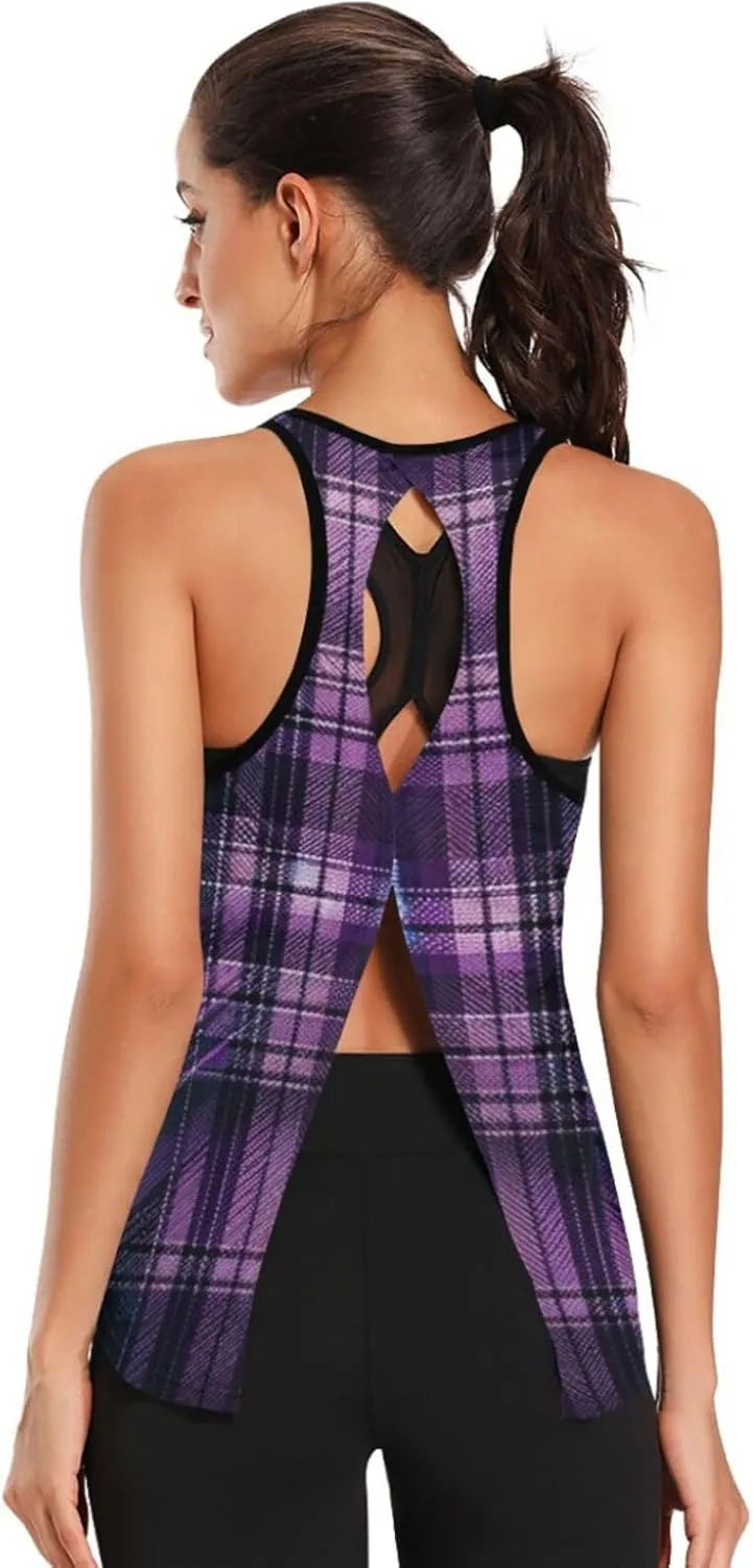 Women's Workout Tank Top Purple-Tartan Sleeveless Sport Gym Top Athletic Yoga Tank Top