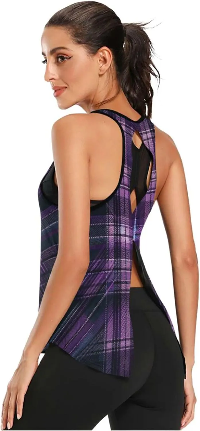 Women's Workout Tank Top Purple-Tartan Sleeveless Sport Gym Top Athletic Yoga Tank Top