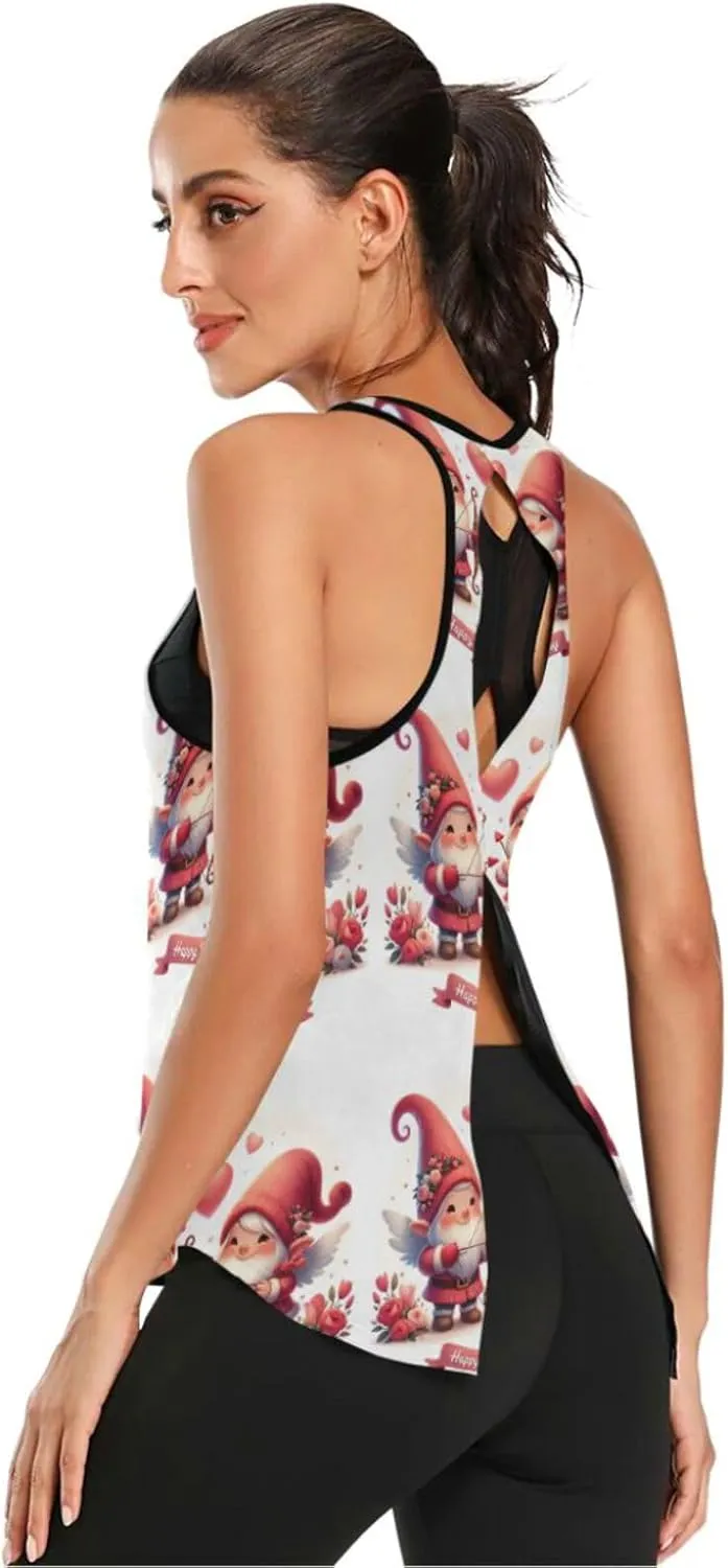 Women's Workout Tank Top Valentine-Gnomes-Cupids Sleeveless Sport Gym Top Athletic Yoga Tank Top