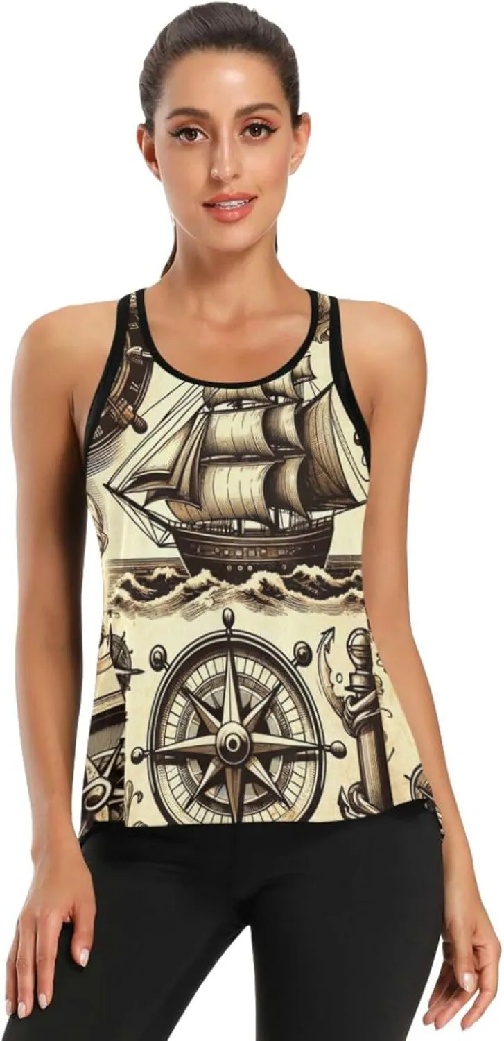 Women's Workout Tank Top Vintage-Ship-Wheels Sleeveless Sport Gym Top Athletic Yoga Tank Top