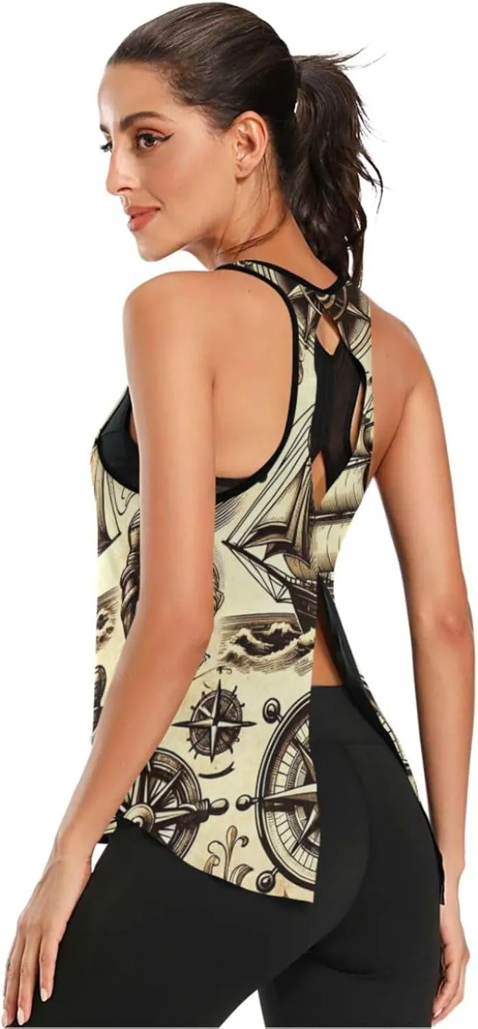 Women's Workout Tank Top Vintage-Ship-Wheels Sleeveless Sport Gym Top Athletic Yoga Tank Top