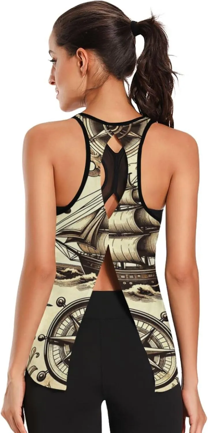 Women's Workout Tank Top Vintage-Ship-Wheels Sleeveless Sport Gym Top Athletic Yoga Tank Top
