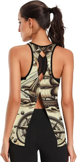 Women's Workout Tank Top Vintage-Ship-Wheels Sleeveless Sport Gym Top Athletic Yoga Tank Top