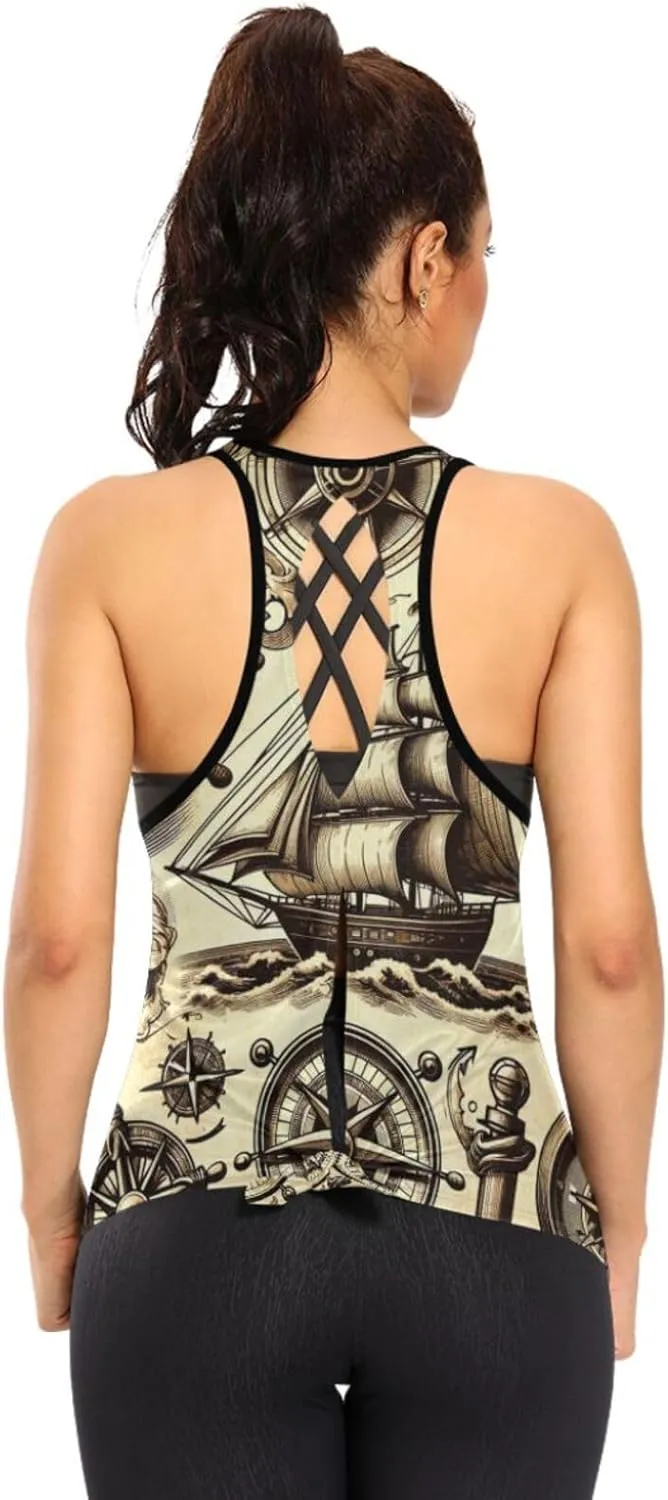 Women's Workout Tank Top Vintage-Ship-Wheels Sleeveless Sport Gym Top Athletic Yoga Tank Top