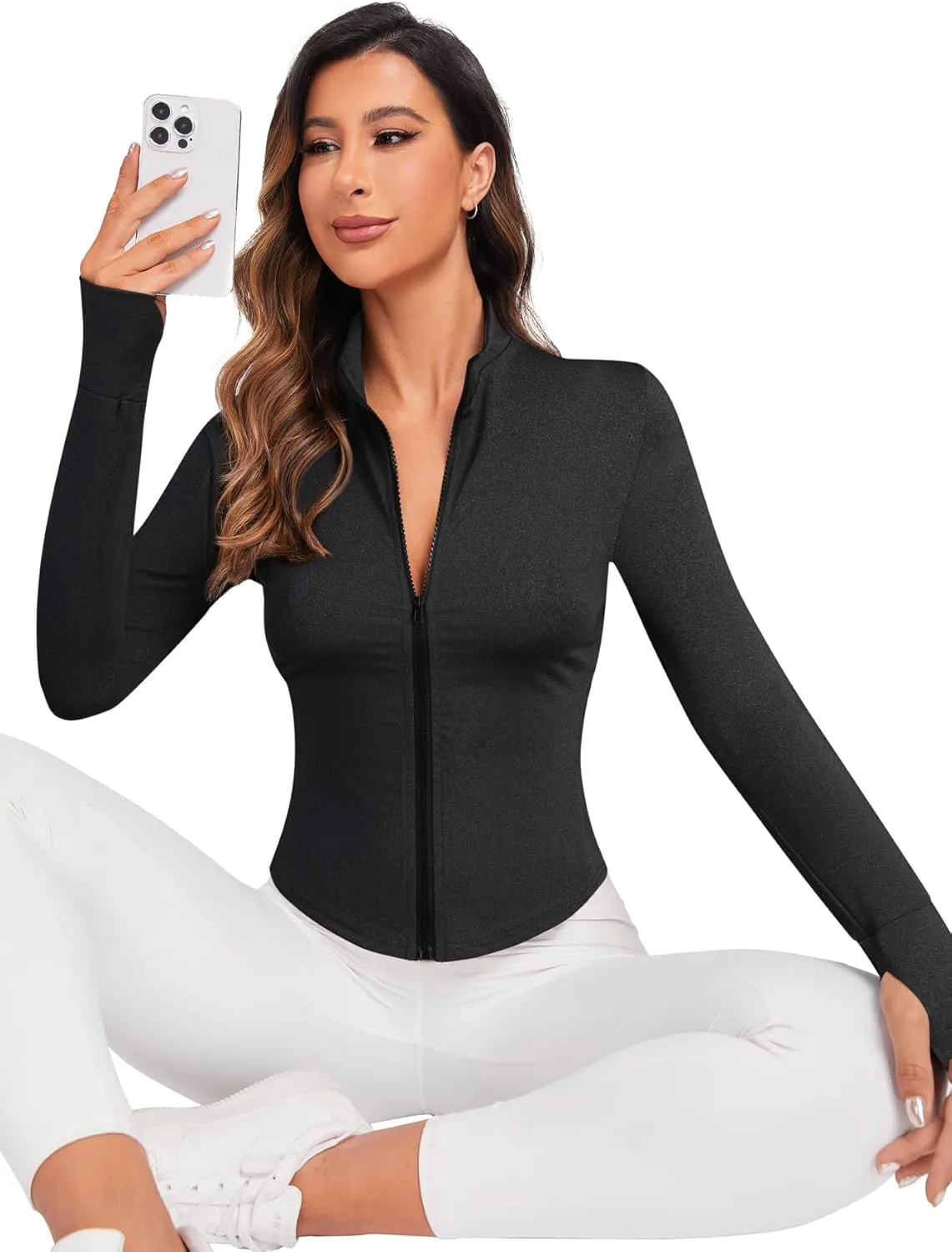 Women's Workout Zip Up Jacket, Cropped Running Athletic Jackets Slim Fit Gym Tops with Thumb Holes