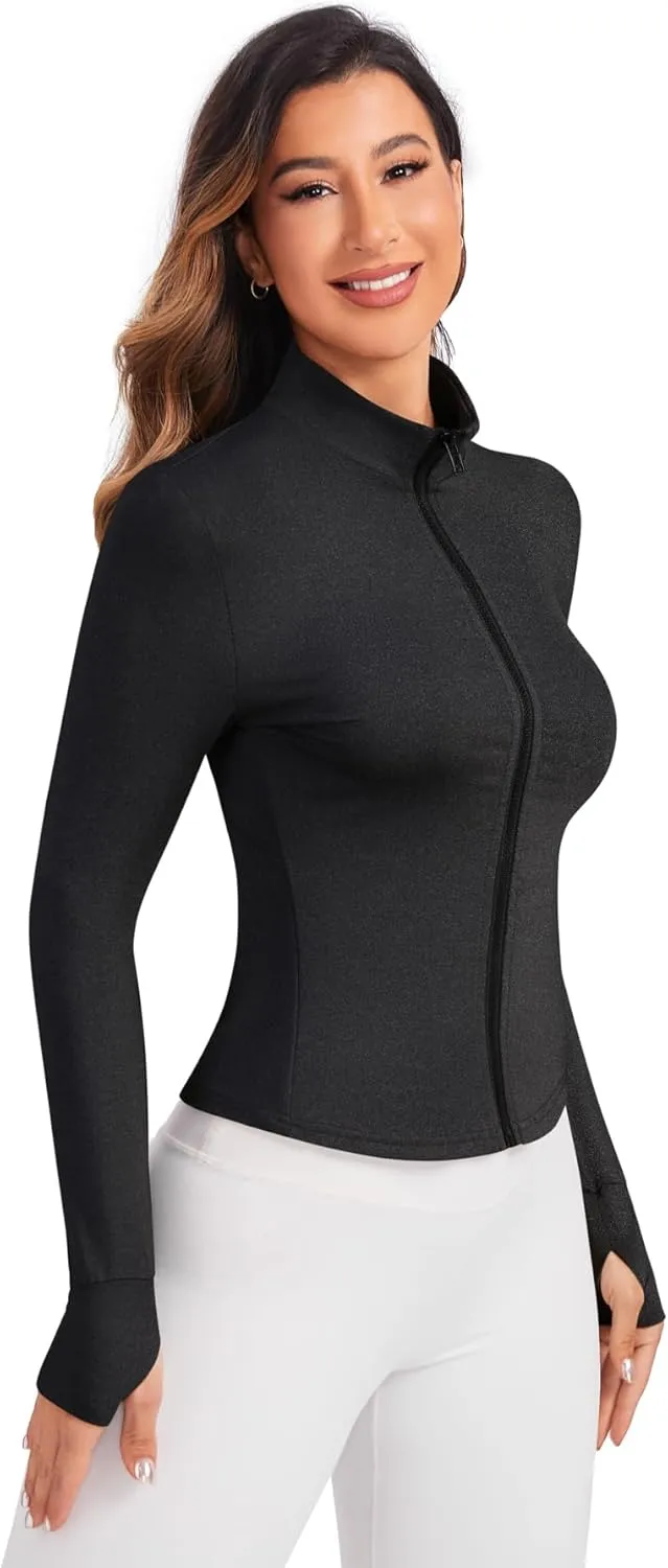 Women's Workout Zip Up Jacket, Cropped Running Athletic Jackets Slim Fit Gym Tops with Thumb Holes