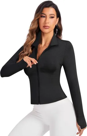 Women's Workout Zip Up Jacket, Cropped Running Athletic Jackets Slim Fit Gym Tops with Thumb Holes