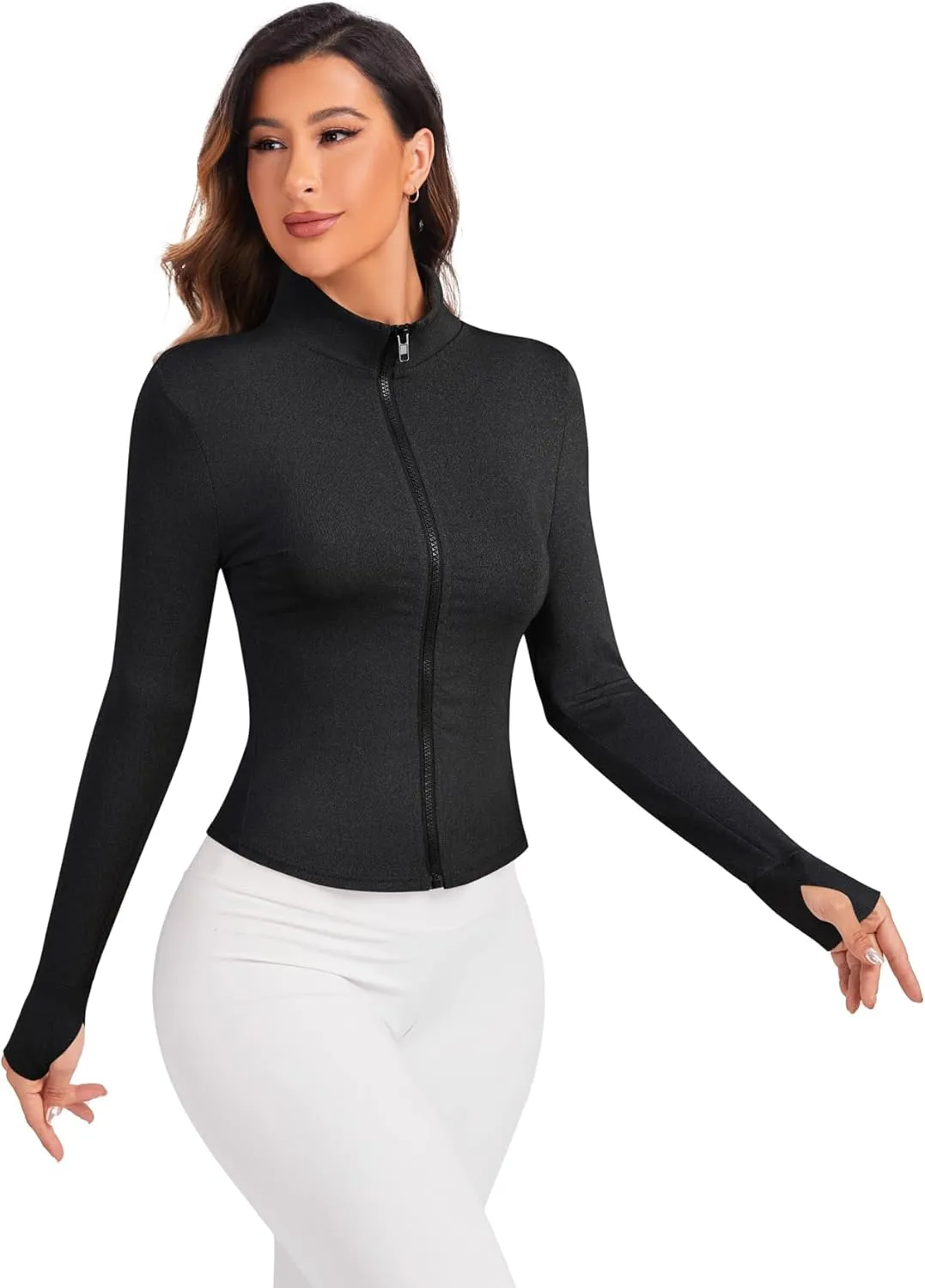 Women's Workout Zip Up Jacket, Cropped Running Athletic Jackets Slim Fit Gym Tops with Thumb Holes