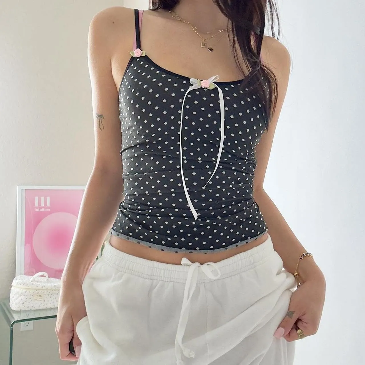 Womens Y2k Camisoles Tank Adjustable Spaghetti Strap Sleeveless Lace Trim Going Out Tops Ruched Mesh Crop Top