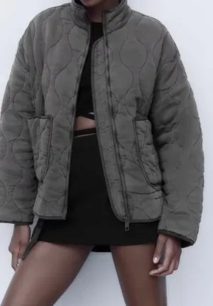 Women's Y2K Vintage Puffer Quilted Cotton Padded Jacket Grunge Stand Collar Zipper Coat Aesthetics Long Sleeve Top
