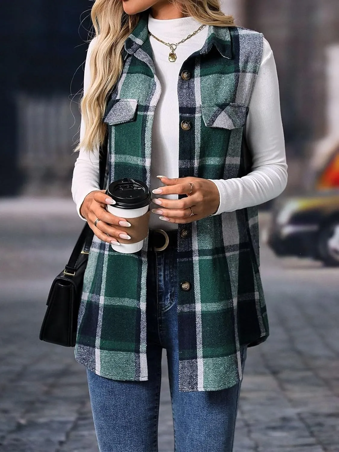 Wowcarbazole Womens Plaid Vest Button Down Sleeveless Lapel Neck Long Vest Tops Outerwear Casual Flannel Waistcoat Jackets
