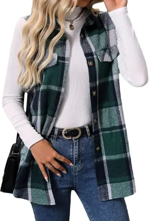 Wowcarbazole Womens Plaid Vest Button Down Sleeveless Lapel Neck Long Vest Tops Outerwear Casual Flannel Waistcoat Jackets