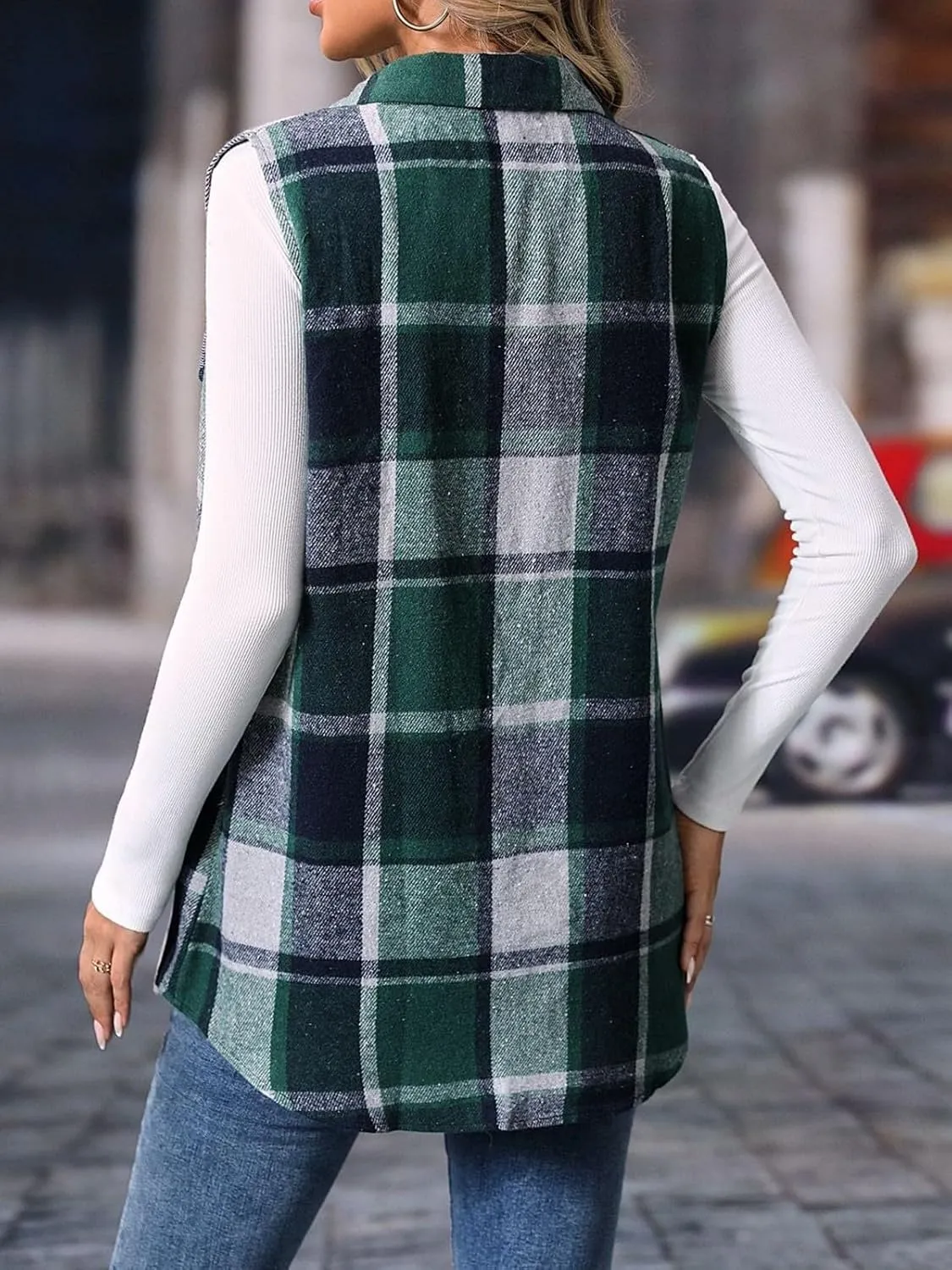 Wowcarbazole Womens Plaid Vest Button Down Sleeveless Lapel Neck Long Vest Tops Outerwear Casual Flannel Waistcoat Jackets