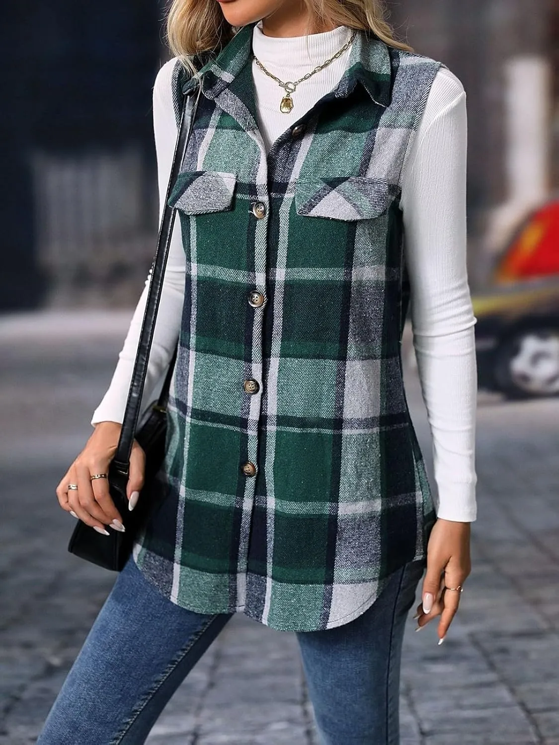 Wowcarbazole Womens Plaid Vest Button Down Sleeveless Lapel Neck Long Vest Tops Outerwear Casual Flannel Waistcoat Jackets