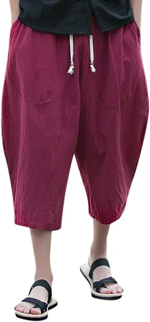 WUAI-Men Casual Elastic Waist Linen Capris Loose Wide Leg Baggy Harem Pants Trousers Summer Beach