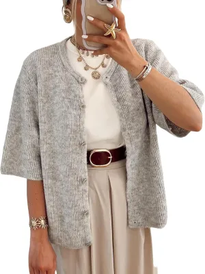 Wyeysyt Womens Cropped Knitted Cardigan Y2K Short Sleeve Button Down Sweater Cardigan Shirt Casual Solid Color Ribbed Outwear