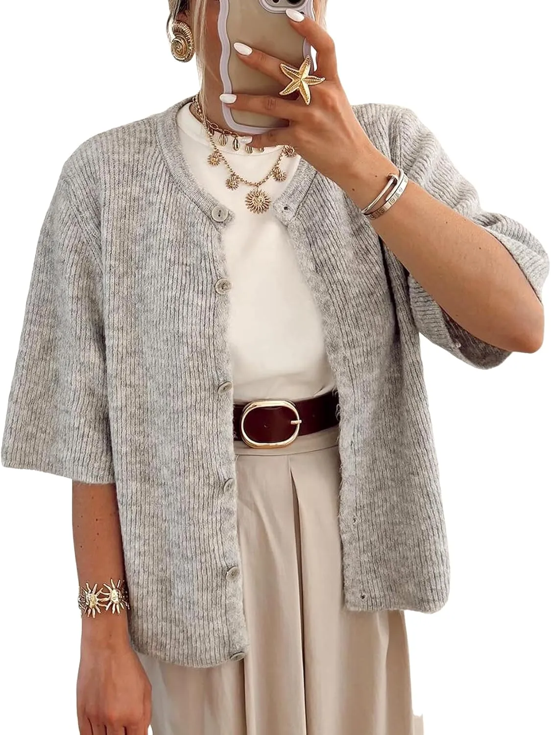 Wyeysyt Womens Cropped Knitted Cardigan Y2K Short Sleeve Button Down Sweater Cardigan Shirt Casual Solid Color Ribbed Outwear
