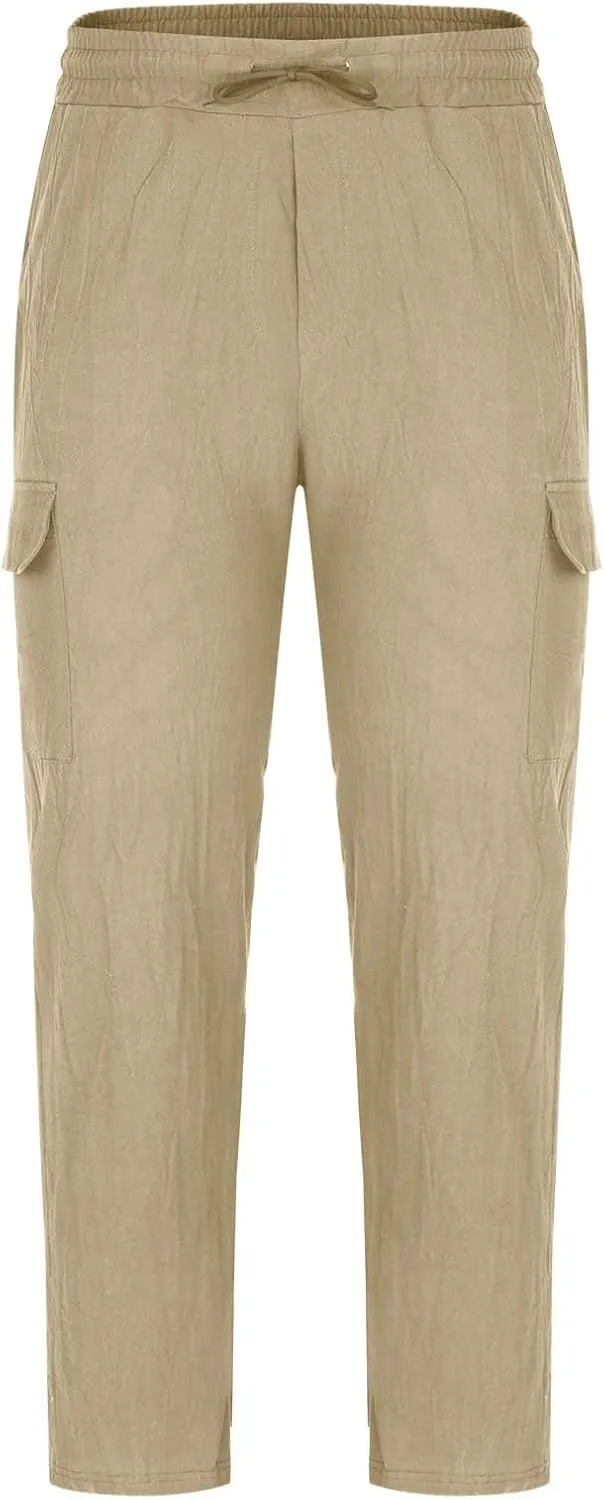 Xiaojmake Mens Linen Cargo Pants Drawstring Casual Hiking Pant Rolled Up Hem Athletic Trouser Cotton Loose Straight Sweatpant