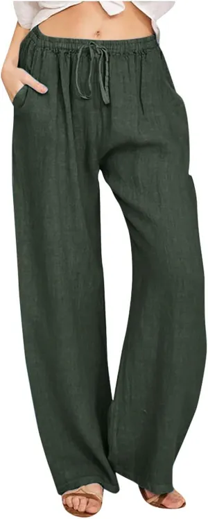 Xiaojmake Women's Summer Cotton Linen Pants Wide Leg Casual Drawstring High Waist Palazzo Pants Loose Trousers with Pocket