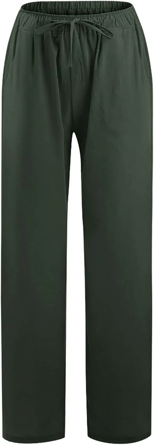 Xiaojmake Women's Summer Cotton Linen Pants Wide Leg Casual Drawstring High Waist Palazzo Pants Loose Trousers with Pocket