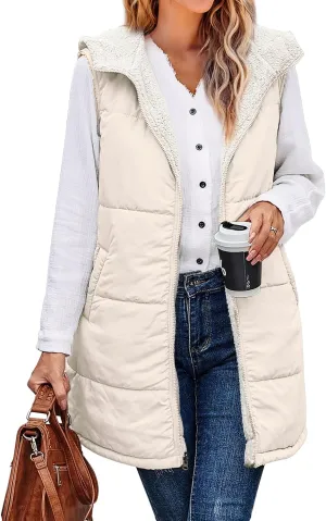 XIEERDUO Long Puffer Vest Women Outerwear Reversible Fleece 2024 Fall Winter Warm Sleeveless Zip Up Hoodie Coat with Pockets