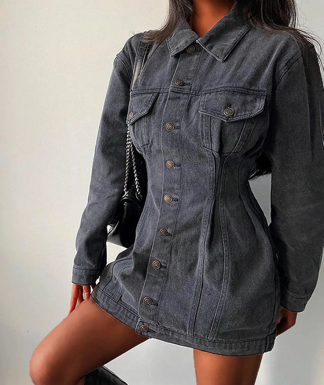 xxxiticat Women's Button Down Denim Jacket Dress Long Sleeve Slim Fit Turn Down Collar Mini Jeans Shirt Coat Outerwear