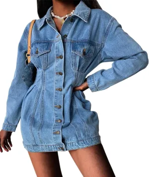 xxxiticat Women's Button Down Denim Jacket Dress Long Sleeve Slim Fit Turn Down Collar Mini Jeans Shirt Coat Outerwear
