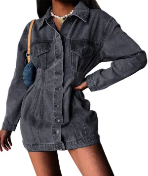 xxxiticat Women's Button Down Denim Jacket Dress Long Sleeve Slim Fit Turn Down Collar Mini Jeans Shirt Coat Outerwear