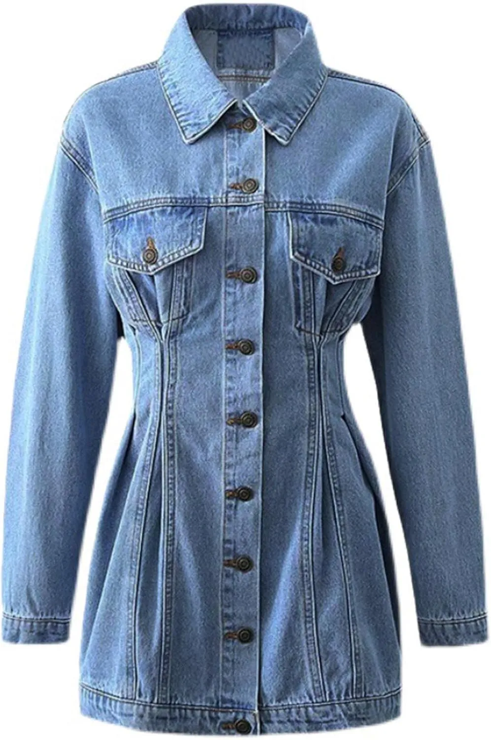 xxxiticat Women's Button Down Denim Jacket Dress Long Sleeve Slim Fit Turn Down Collar Mini Jeans Shirt Coat Outerwear