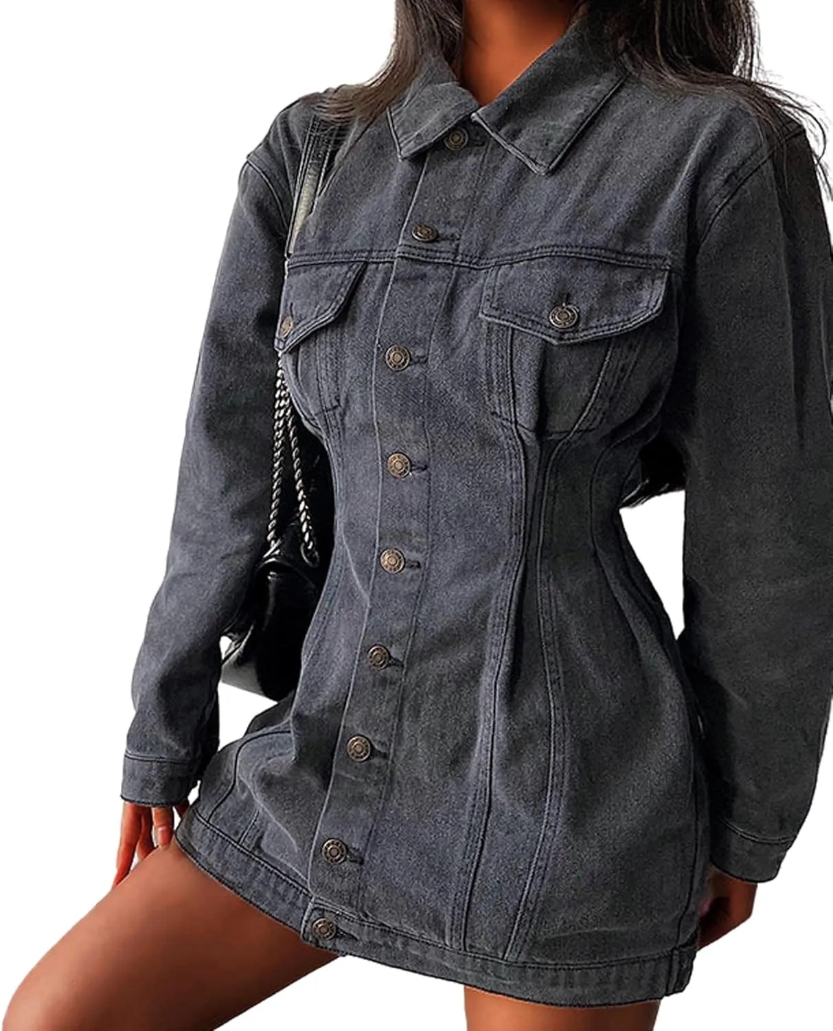 xxxiticat Women's Button Down Denim Jacket Dress Long Sleeve Slim Fit Turn Down Collar Mini Jeans Shirt Coat Outerwear