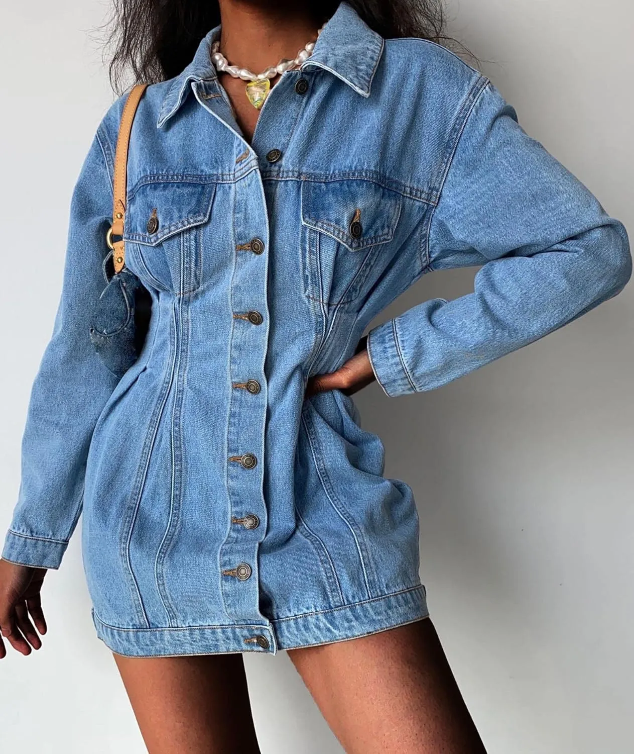 xxxiticat Women's Button Down Denim Jacket Dress Long Sleeve Slim Fit Turn Down Collar Mini Jeans Shirt Coat Outerwear
