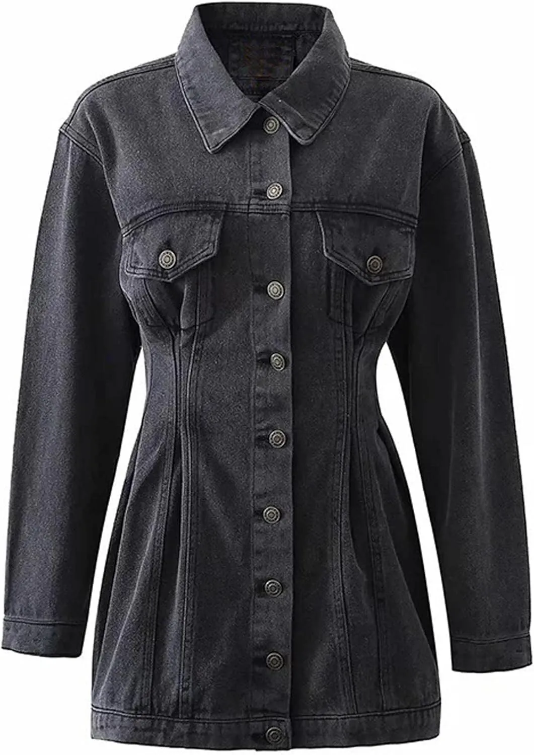 xxxiticat Women's Button Down Denim Jacket Dress Long Sleeve Slim Fit Turn Down Collar Mini Jeans Shirt Coat Outerwear