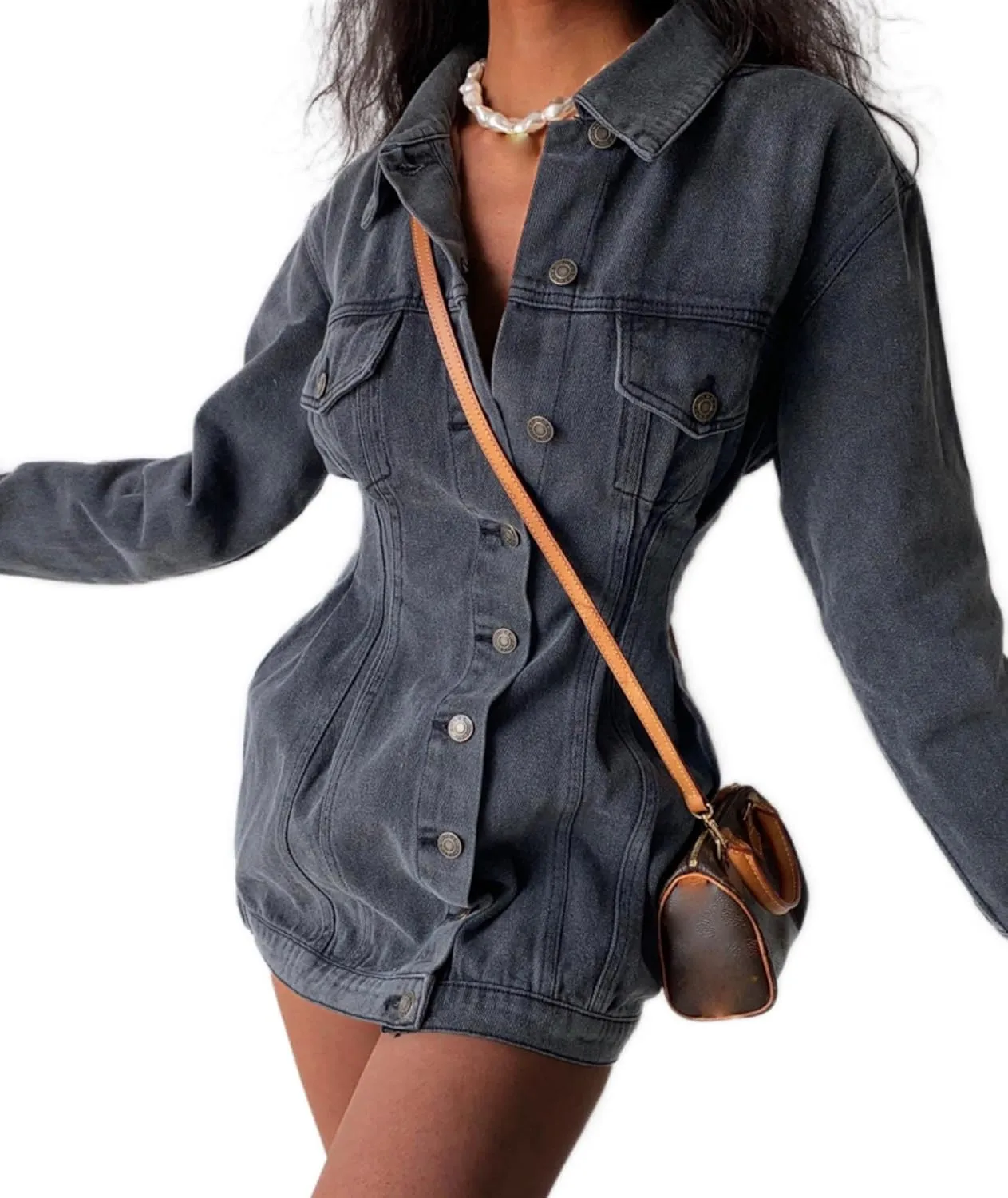 xxxiticat Women's Button Down Denim Jacket Dress Long Sleeve Slim Fit Turn Down Collar Mini Jeans Shirt Coat Outerwear