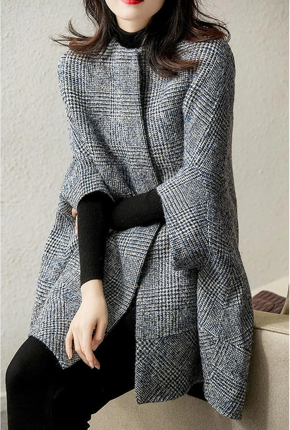 xxxiticat Women's Cape Coat 3/4 Quarter Sleeve Single Breasted Button Plaid Cloak Poncho Jacket Pea Coat Winter Outerwear