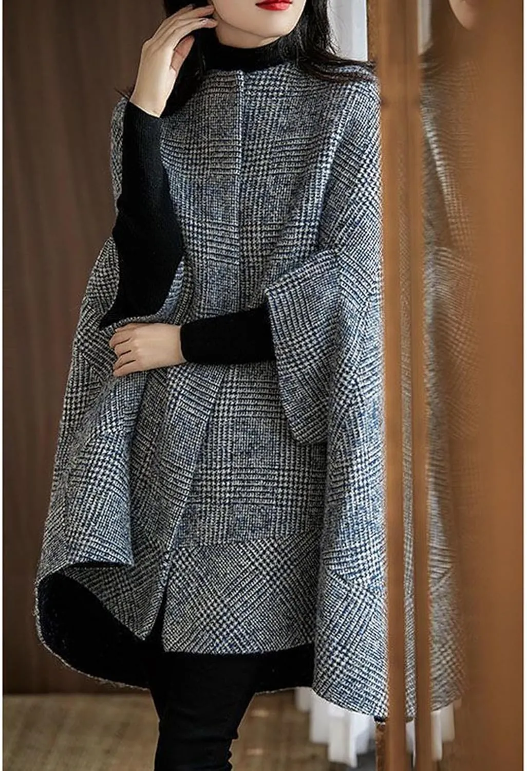 xxxiticat Women's Cape Coat 3/4 Quarter Sleeve Single Breasted Button Plaid Cloak Poncho Jacket Pea Coat Winter Outerwear