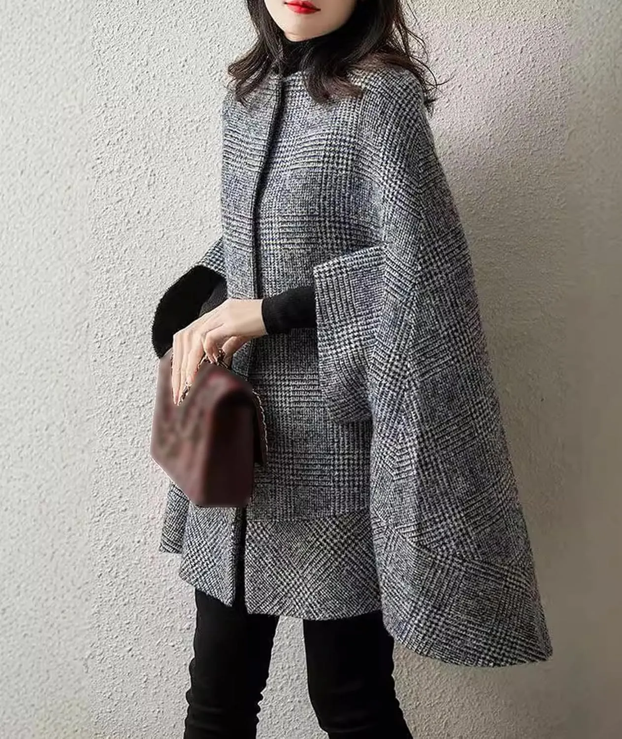 xxxiticat Women's Cape Coat 3/4 Quarter Sleeve Single Breasted Button Plaid Cloak Poncho Jacket Pea Coat Winter Outerwear