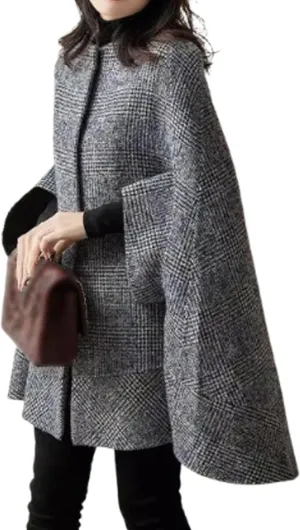 xxxiticat Women's Cape Coat 3/4 Quarter Sleeve Single Breasted Button Plaid Cloak Poncho Jacket Pea Coat Winter Outerwear