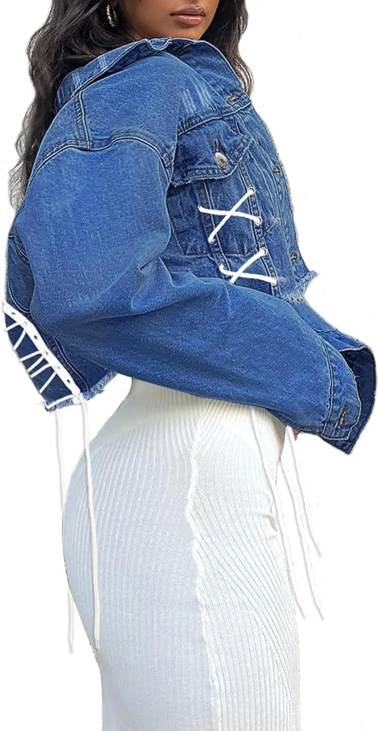 xxxiticat Women's Lace Up Denim Jacket Long Sleeve Button Down Ripped Bandage Criss Cross Cropped Jean Coat Outerwear