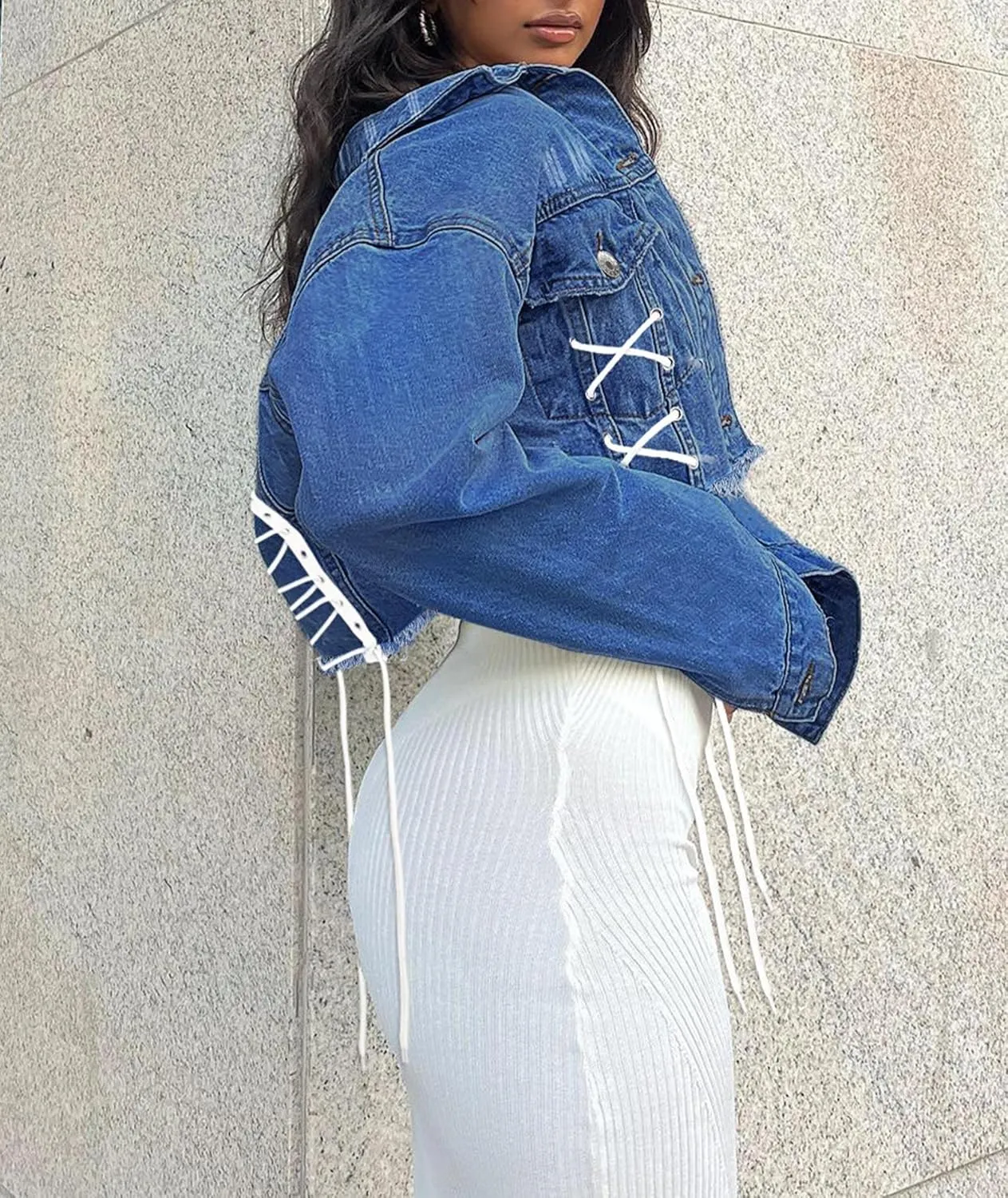 xxxiticat Women's Lace Up Denim Jacket Long Sleeve Button Down Ripped Bandage Criss Cross Cropped Jean Coat Outerwear