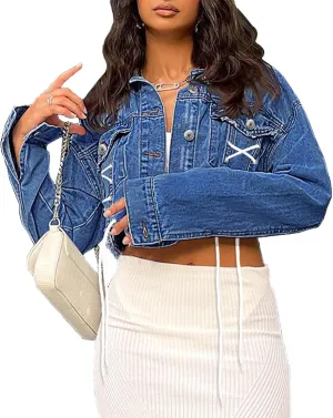 xxxiticat Women's Lace Up Denim Jacket Long Sleeve Button Down Ripped Bandage Criss Cross Cropped Jean Coat Outerwear