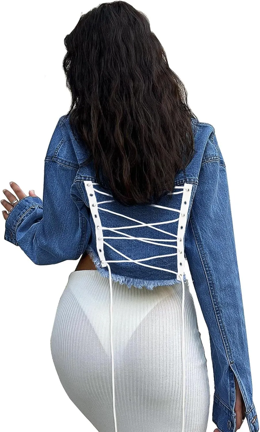 xxxiticat Women's Lace Up Denim Jacket Long Sleeve Button Down Ripped Bandage Criss Cross Cropped Jean Coat Outerwear